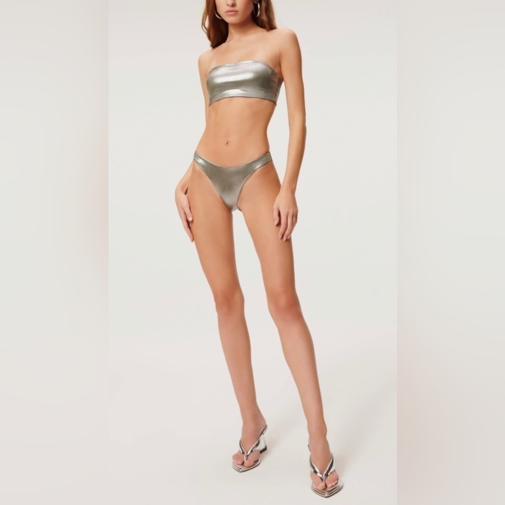 NWT Good American Metallic Better Bikini Reversible Bottom Stormy Foil001, XL